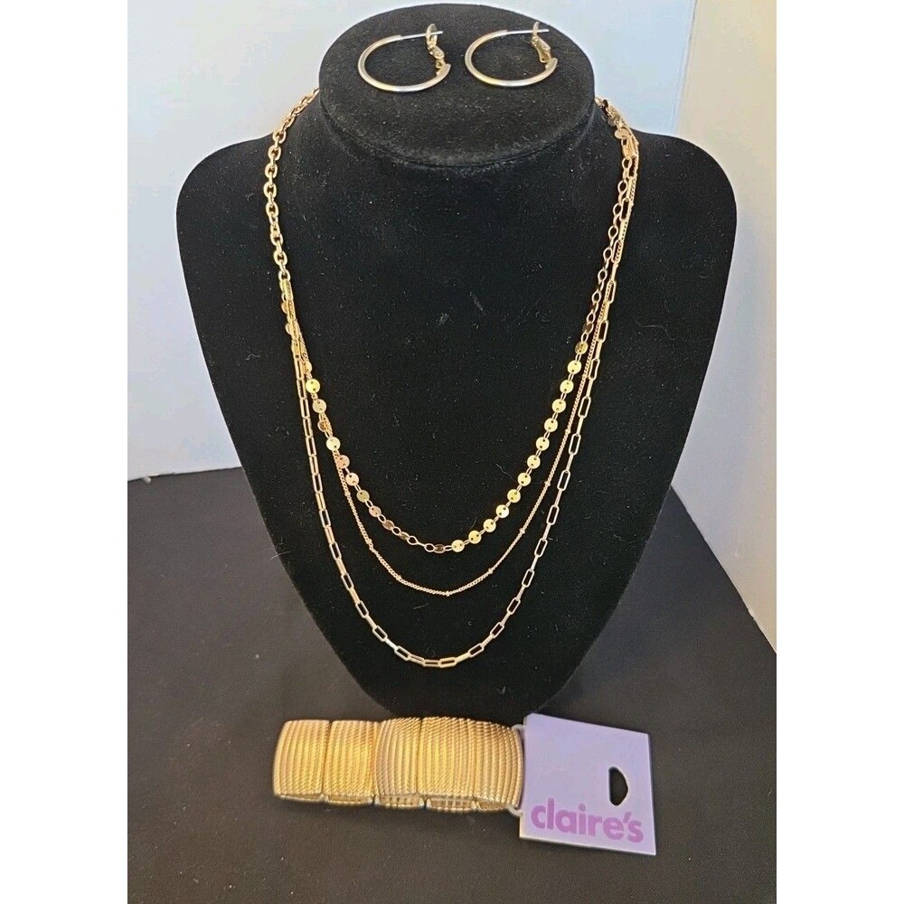 Gold tone Jewelry SET! 3 Tiered 14" Necklace, 7" Stretch Bracelet, Pair Earrings